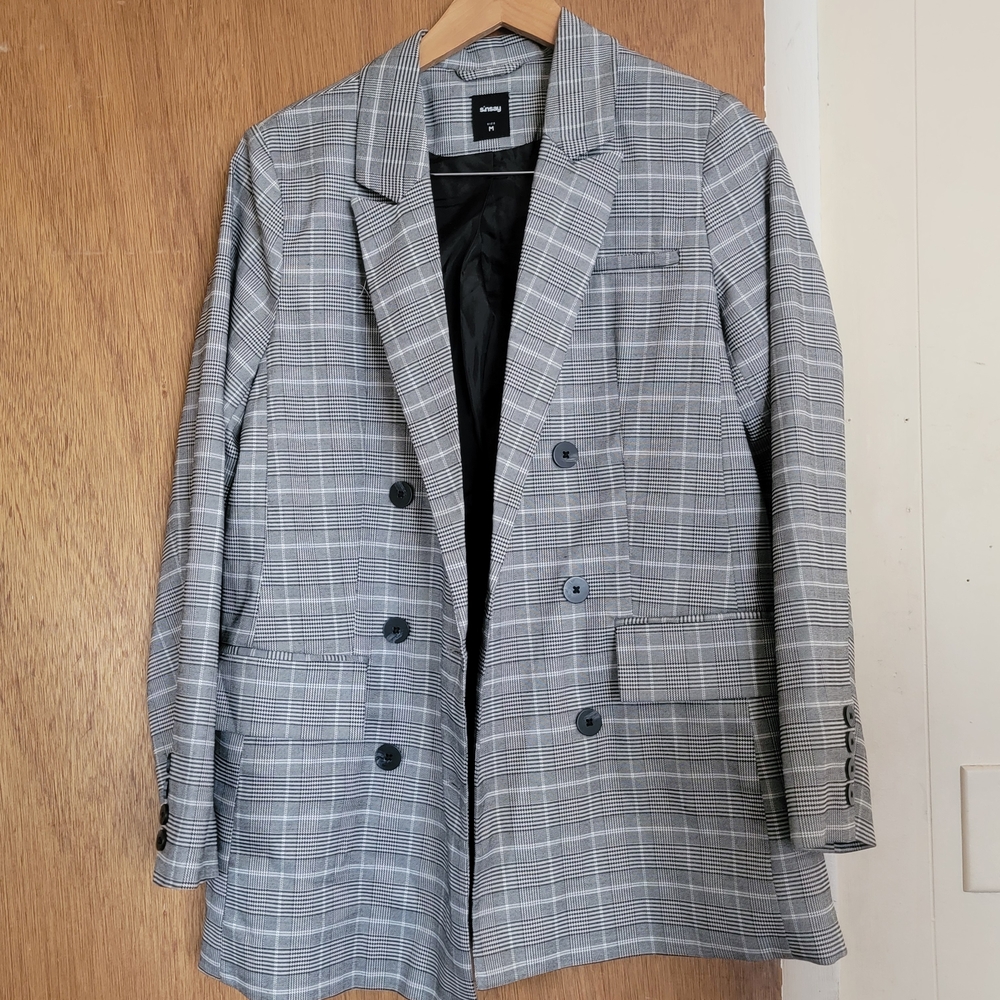 Gray Plaid Double-Breasted Blazer by H&M